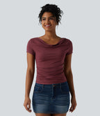 Cowl Neck Short Sleeve Ruched Casual Top — New Maroon — view 2