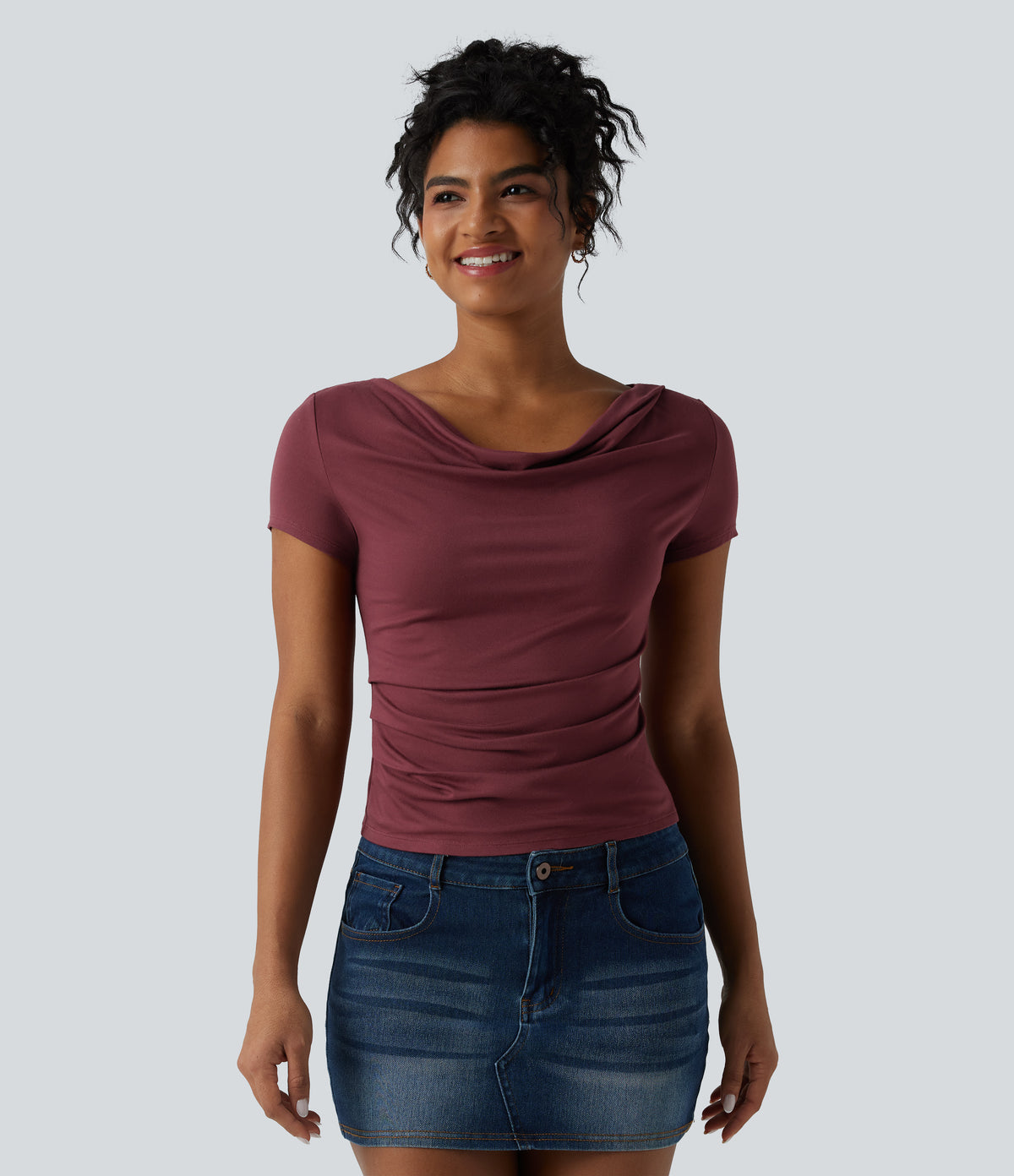 Cowl Neck Short Sleeve Ruched Casual Top — New Maroon — view 2
