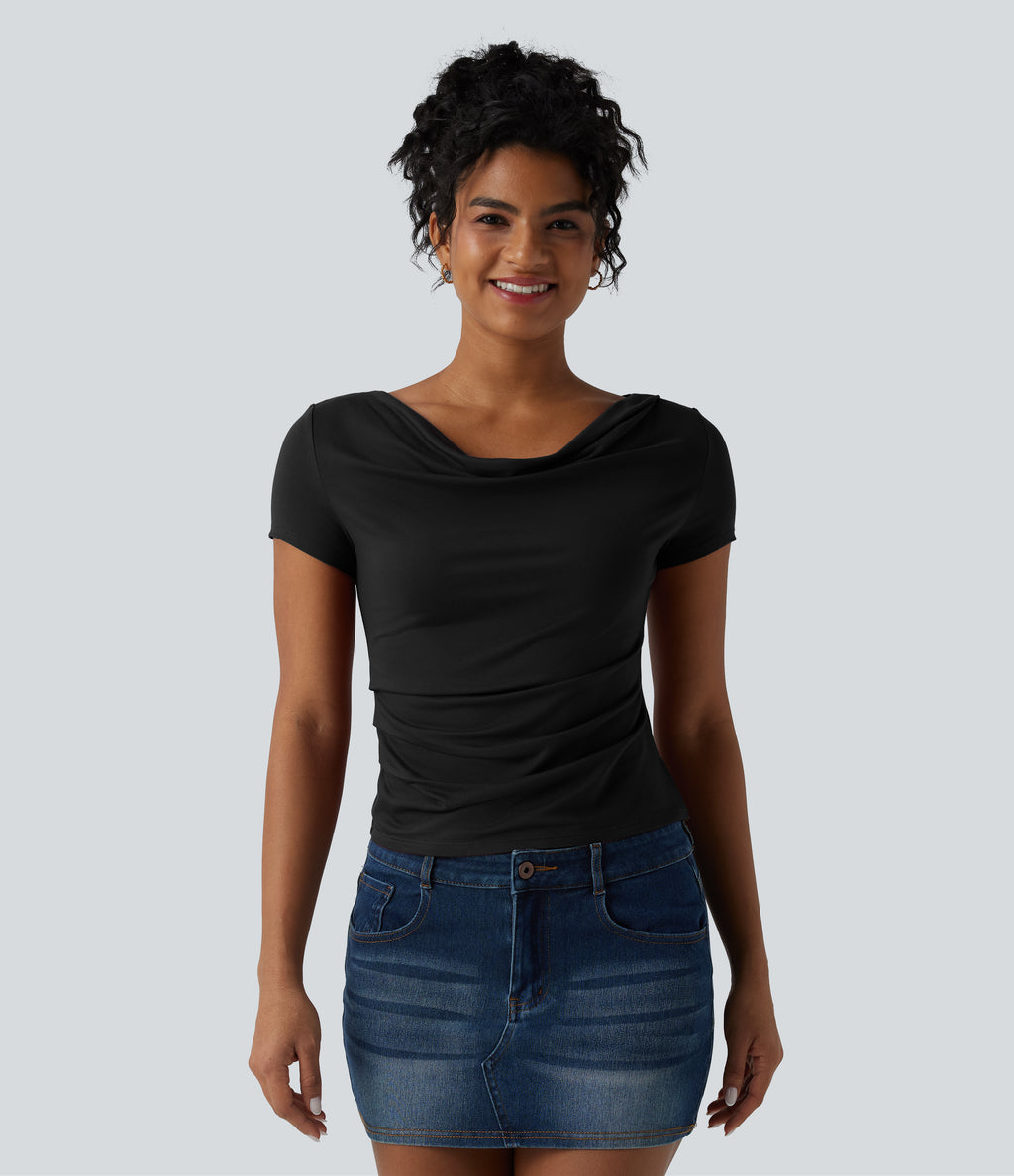 Cowl Neck Short Sleeve Ruched Casual Top — Black — view 7