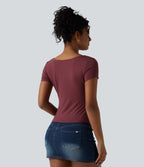 Cowl Neck Short Sleeve Ruched Casual Top — New Maroon — view 4