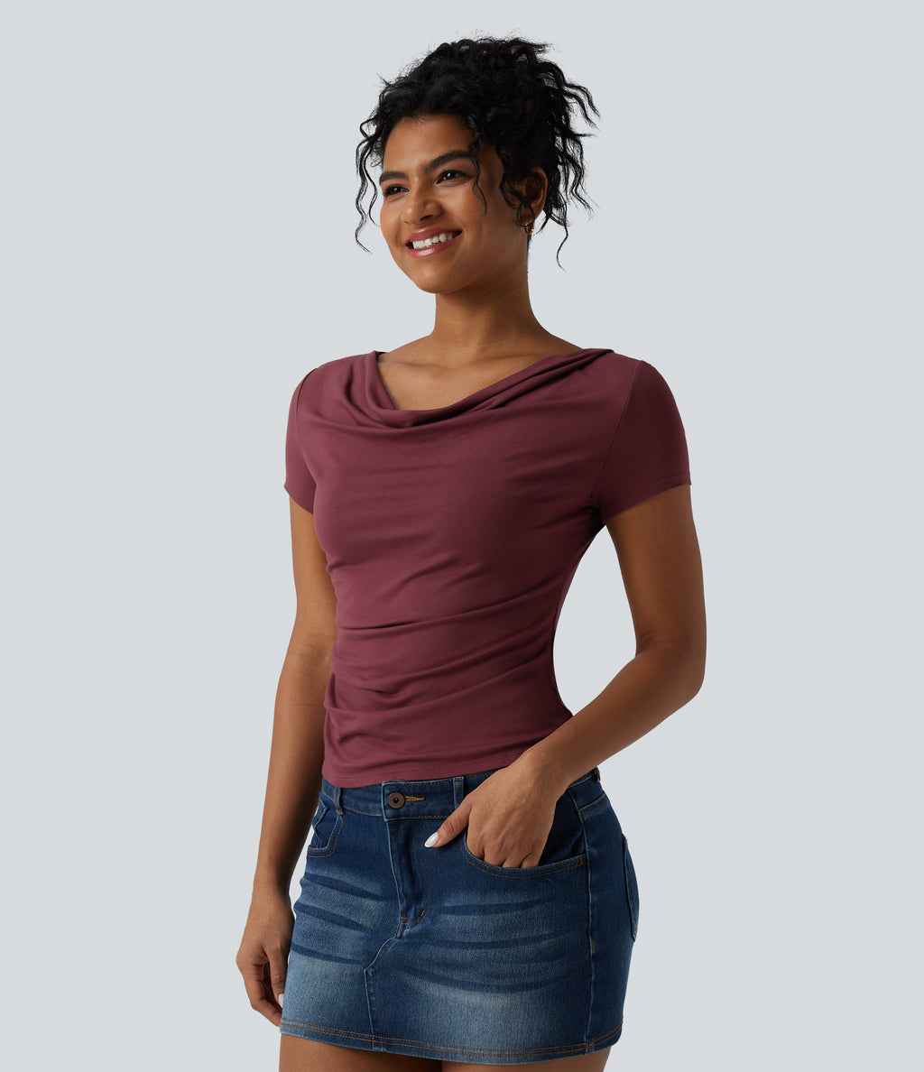 Cowl Neck Short Sleeve Ruched Casual Top — New Maroon — view 5