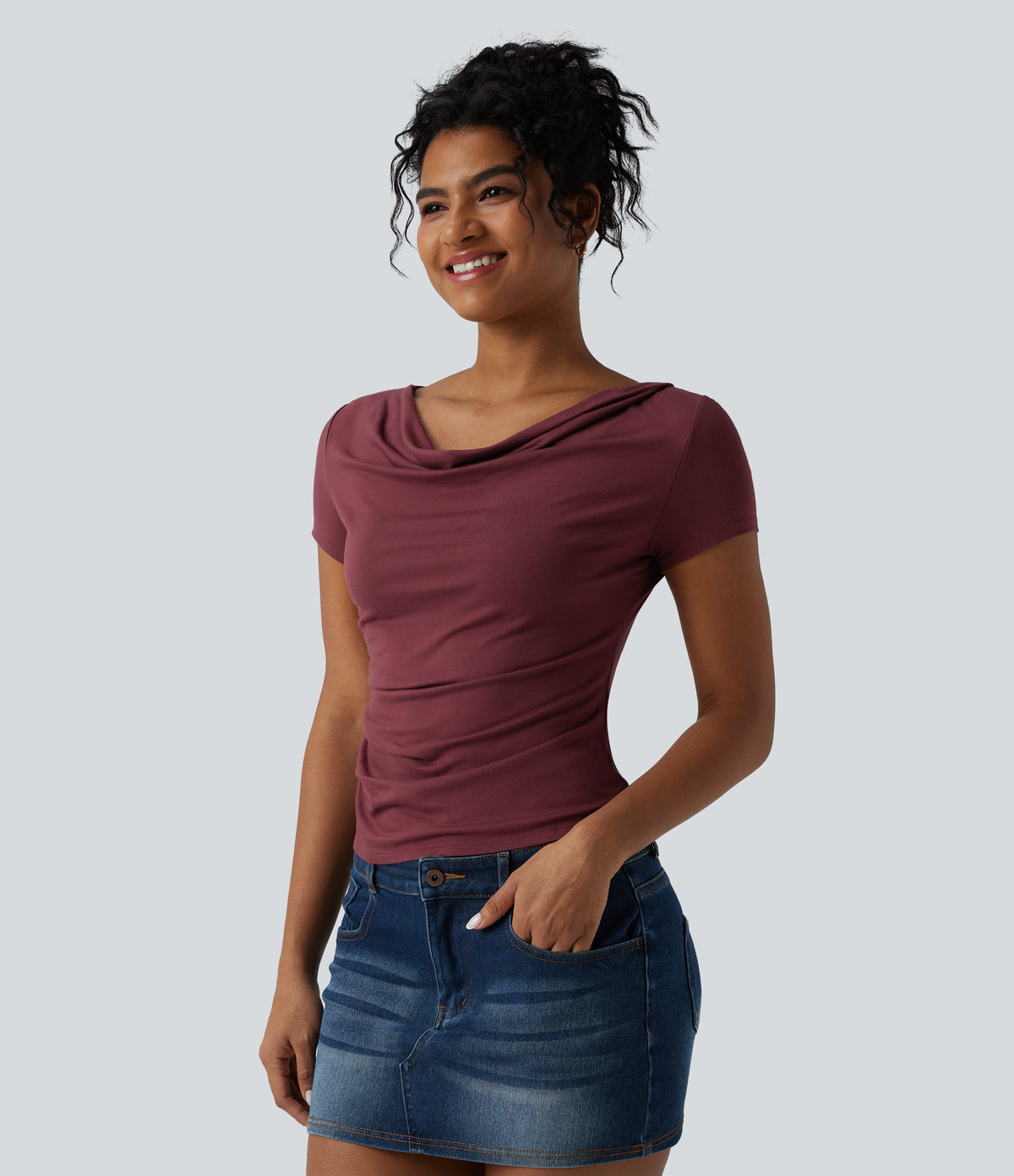 Cowl Neck Short Sleeve Ruched Casual Top — New Maroon — view 5
