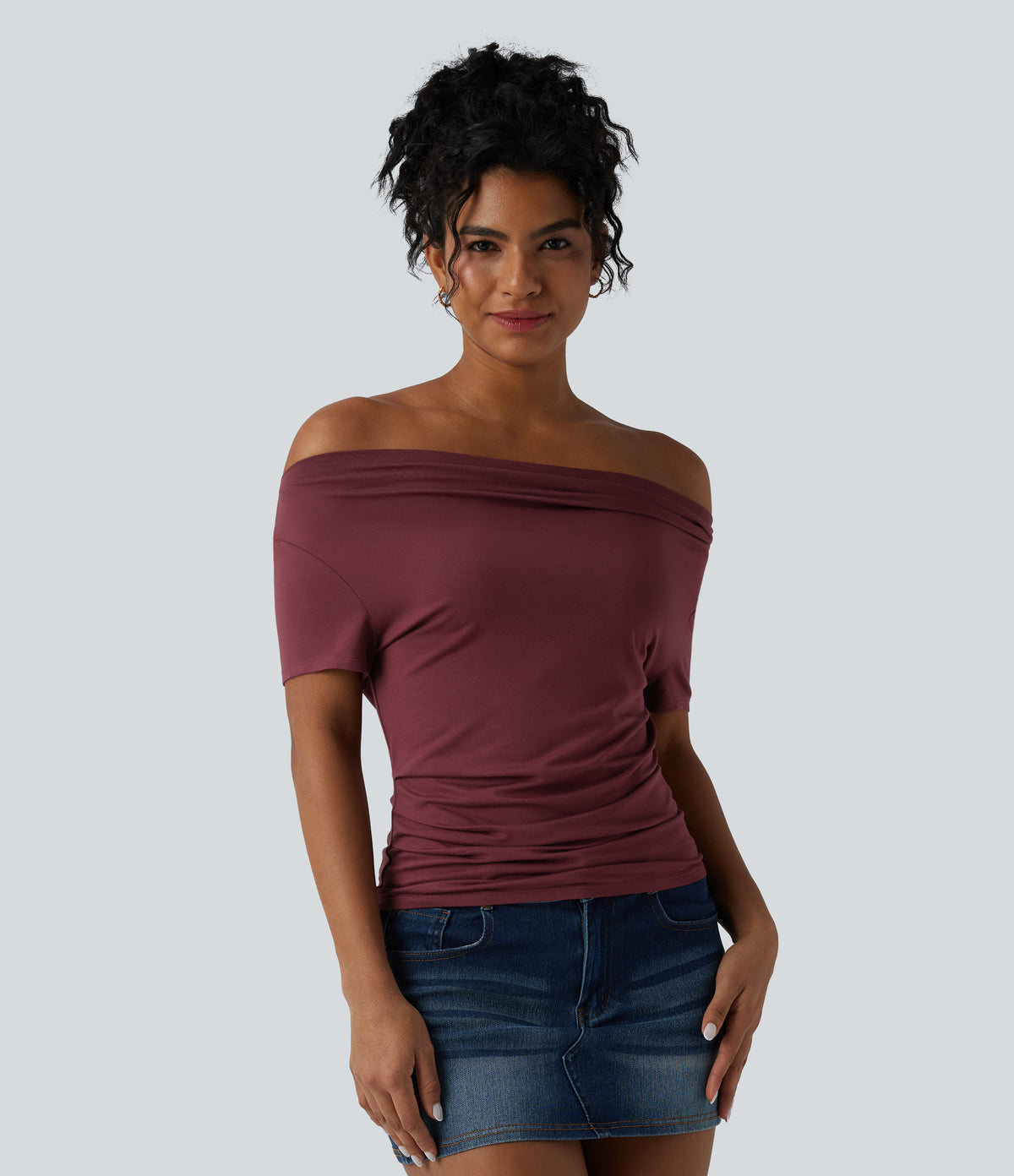 Cowl Neck Short Sleeve Ruched Casual Top — New Maroon — view 3