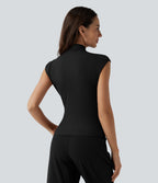 Ribbed Knit Mock Neck Ruched Asymmetric Hem Casual Tank Top — Black — view 2