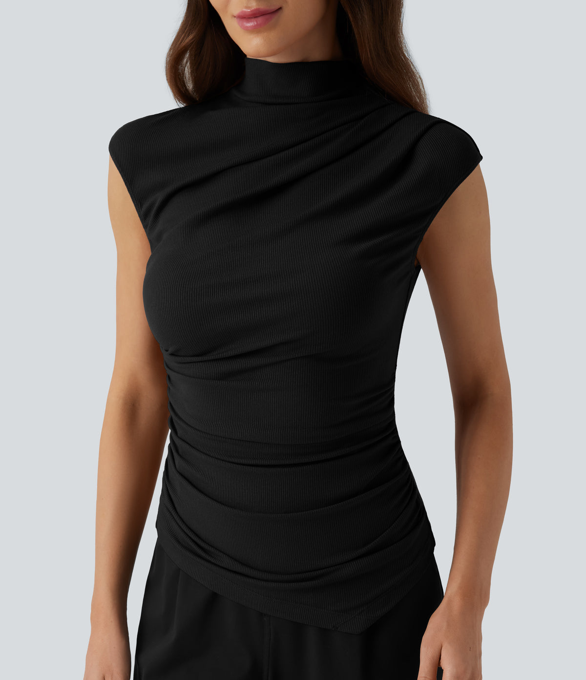 Ribbed Knit Mock Neck Ruched Asymmetric Hem Casual Tank Top — Black — view 4