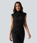 Ribbed Knit Mock Neck Ruched Asymmetric Hem Casual Tank Top — Black — view 1