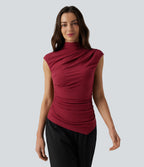 Ribbed Knit Mock Neck Ruched Asymmetric Hem Casual Tank Top — Ruby Wine — view 6