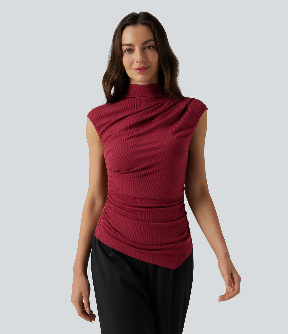 Ribbed Knit Mock Neck Ruched Asymmetric Hem Casual Tank Top — Ruby Wine — view 6