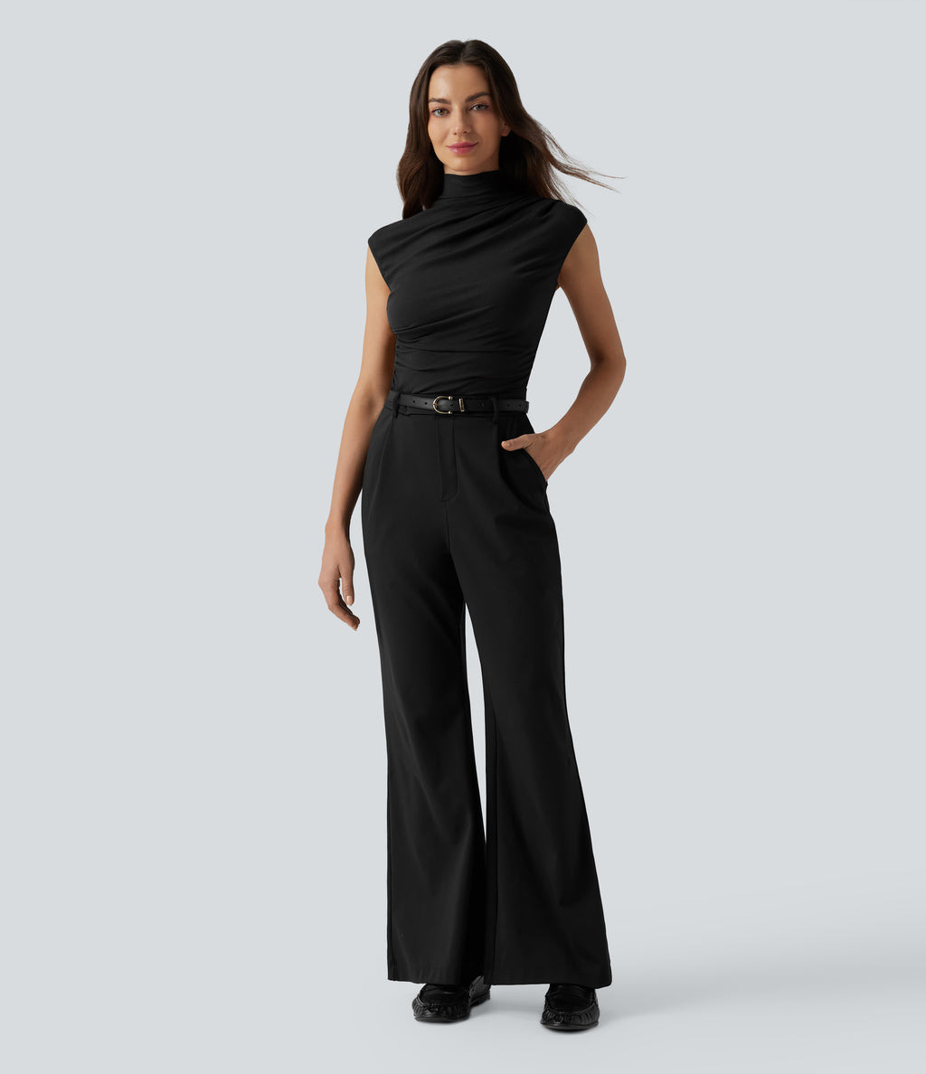 Ribbed Knit Mock Neck Ruched Asymmetric Hem Casual Tank Top — Black — view 5