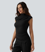 Ribbed Knit Mock Neck Ruched Asymmetric Hem Casual Tank Top — Black — view 3