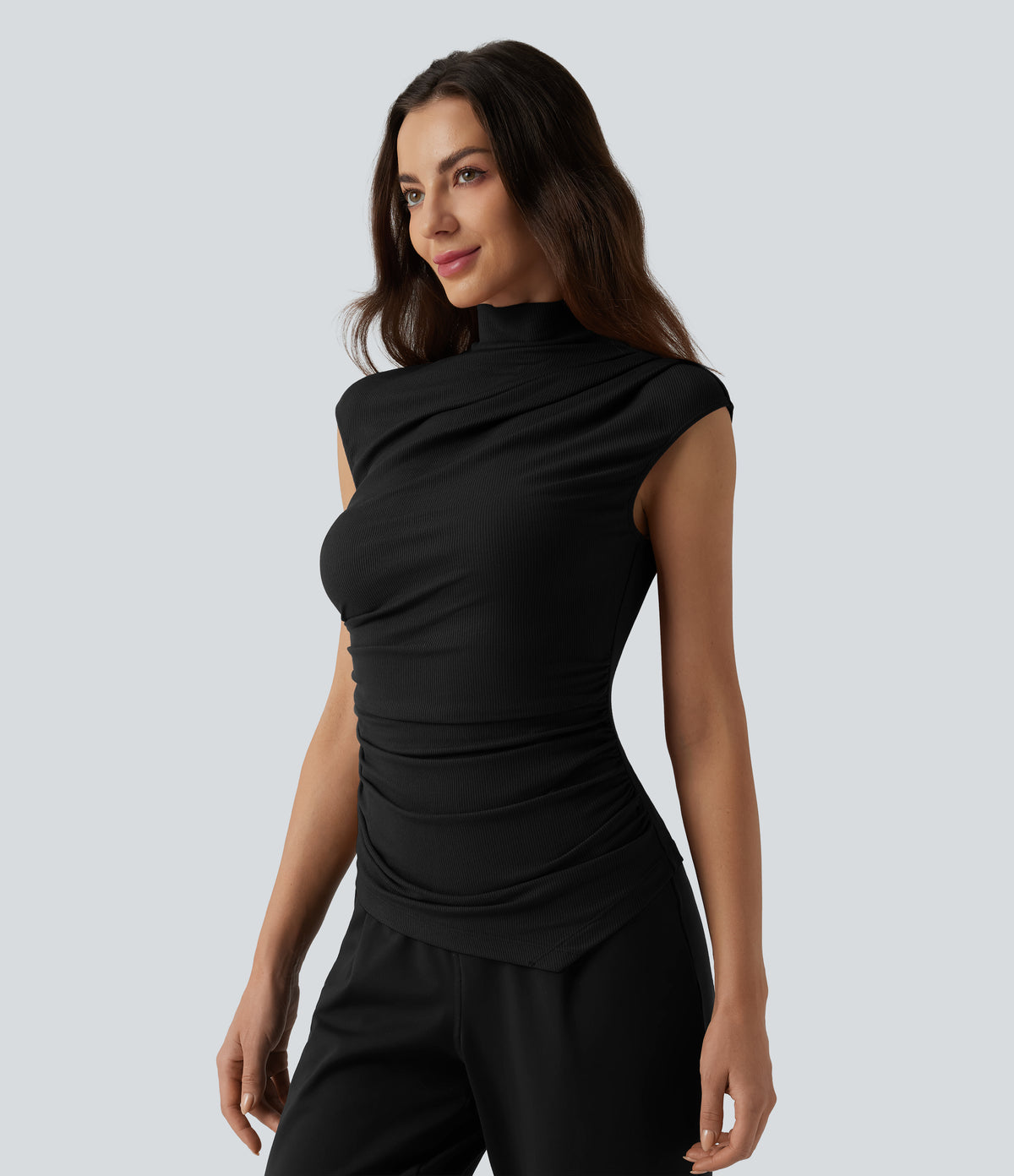 Ribbed Knit Mock Neck Ruched Asymmetric Hem Casual Tank Top — Black — view 3