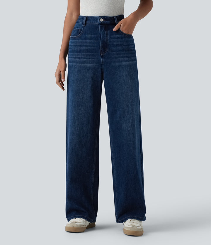High Waisted Wide Leg Casual Jeans with Pockets — Estate Blue Denim — view 1