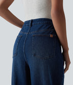 High Waisted Wide Leg Casual Jeans with Pockets — Estate Blue Denim — view 5