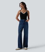 High Waisted Wide Leg Casual Jeans with Pockets — Estate Blue Denim — view 6