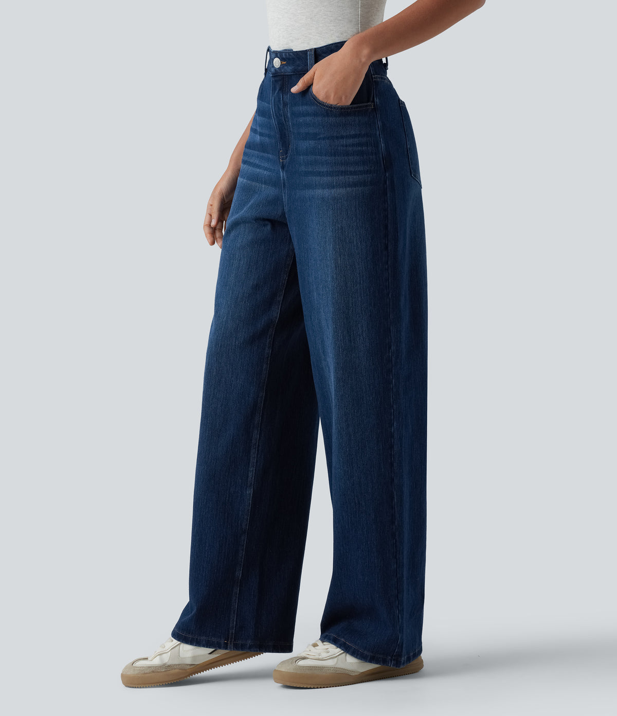 High Waisted Wide Leg Casual Jeans with Pockets — Estate Blue Denim — view 3