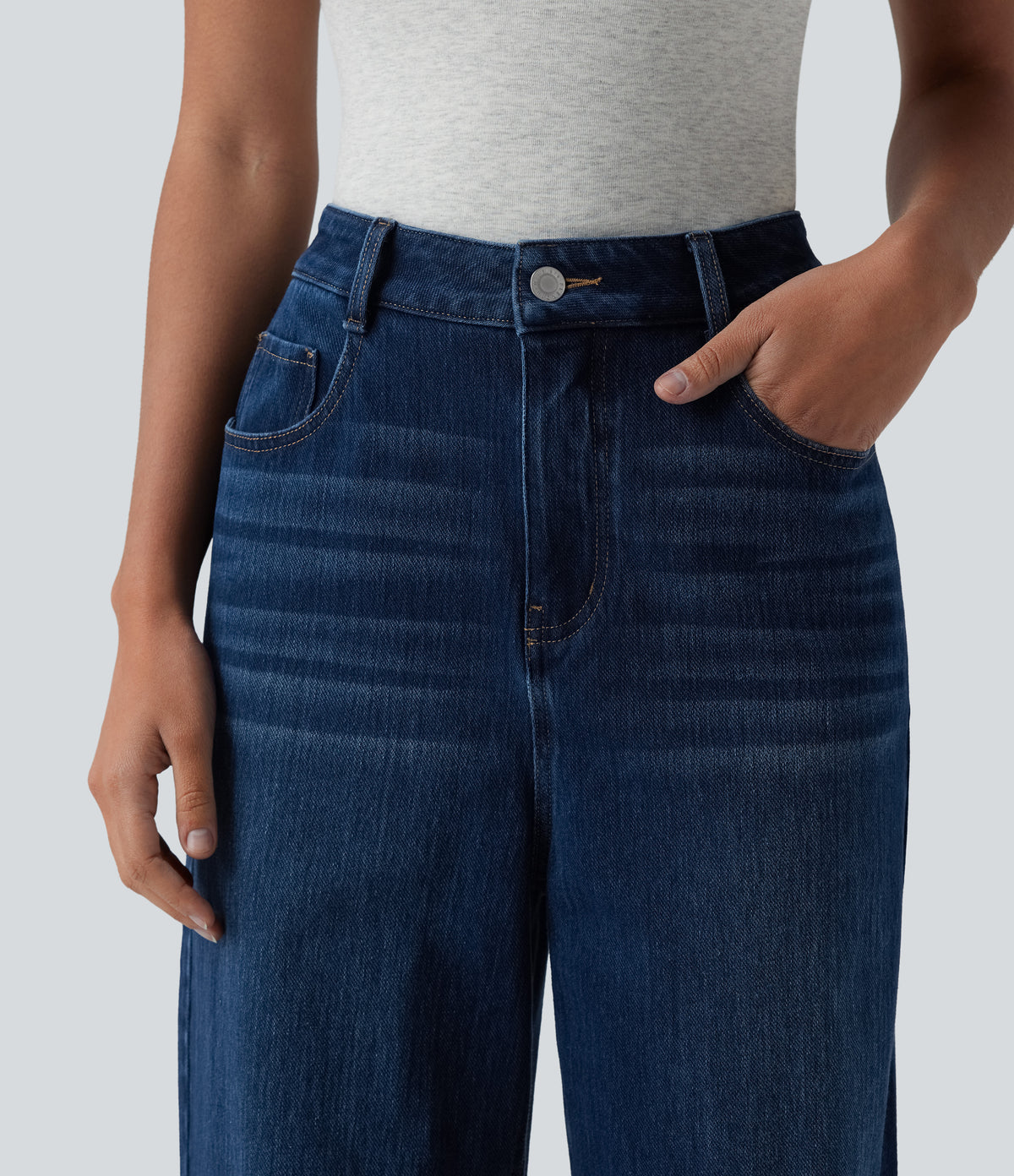 High Waisted Wide Leg Casual Jeans with Pockets — Estate Blue Denim — view 4