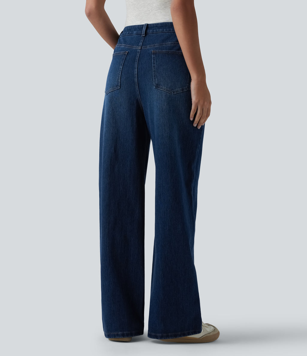 High Waisted Wide Leg Casual Jeans with Pockets — Estate Blue Denim — view 2