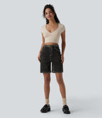 High Waisted Denim Casual Shorts 7'' with Pockets — Phantom Denim — view 6