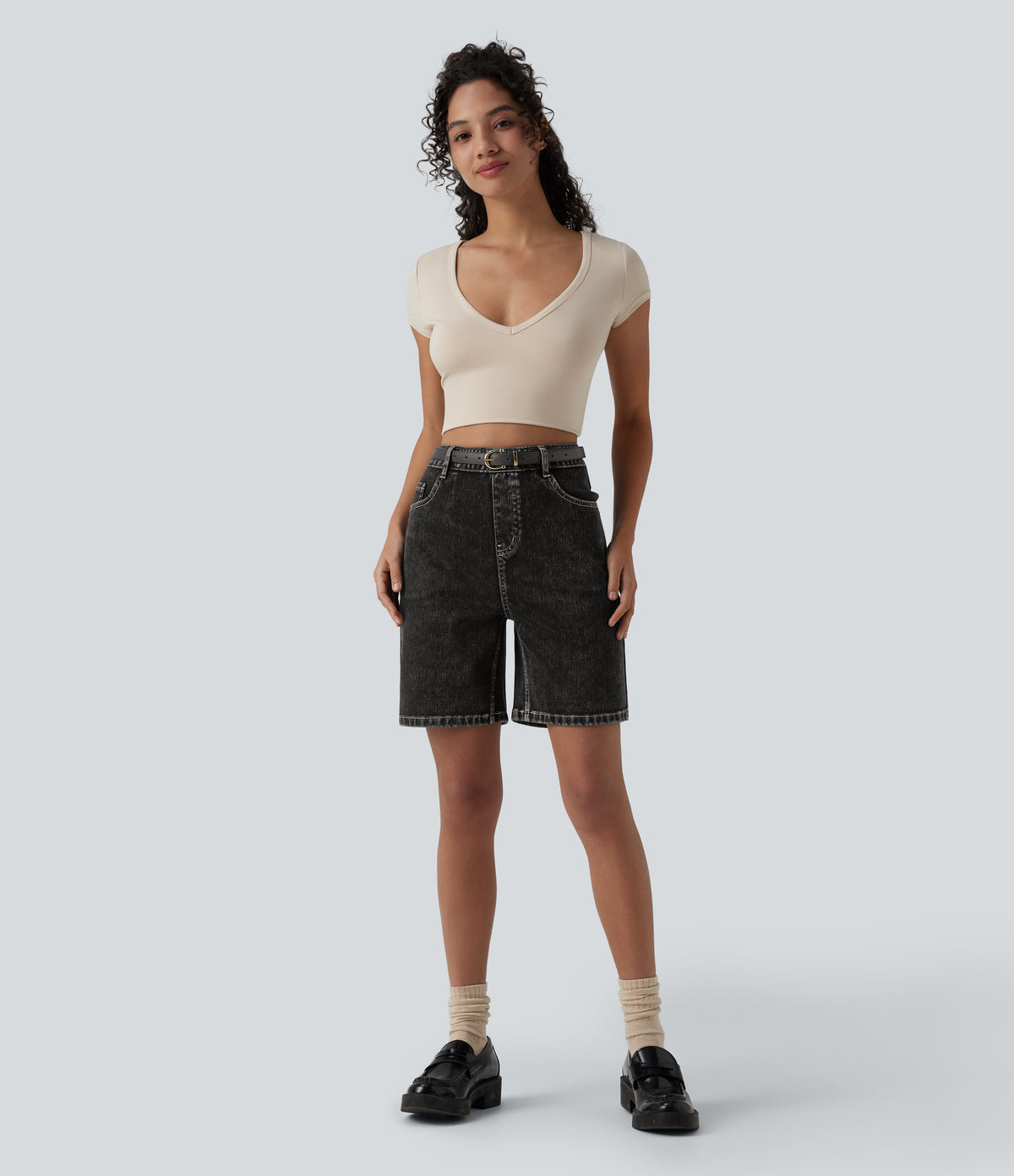 High Waisted Denim Casual Shorts 7'' with Pockets — Phantom Denim — view 6