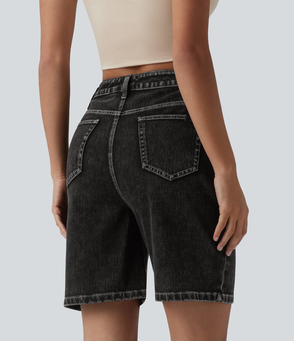 High Waisted Denim Casual Shorts 7'' with Pockets — Phantom Denim — view 2
