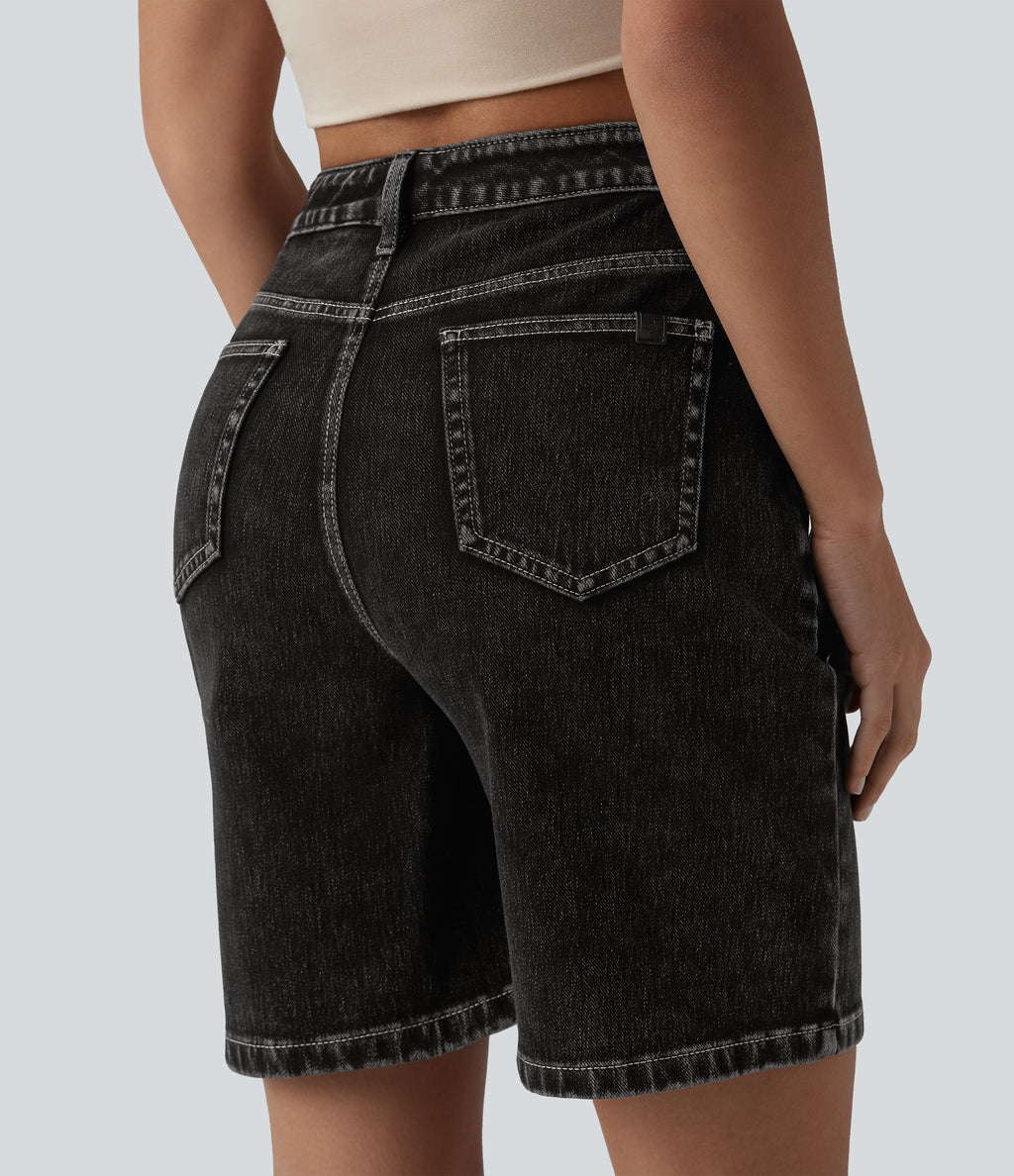 High Waisted Denim Casual Shorts 7'' with Pockets — Phantom Denim — view 5