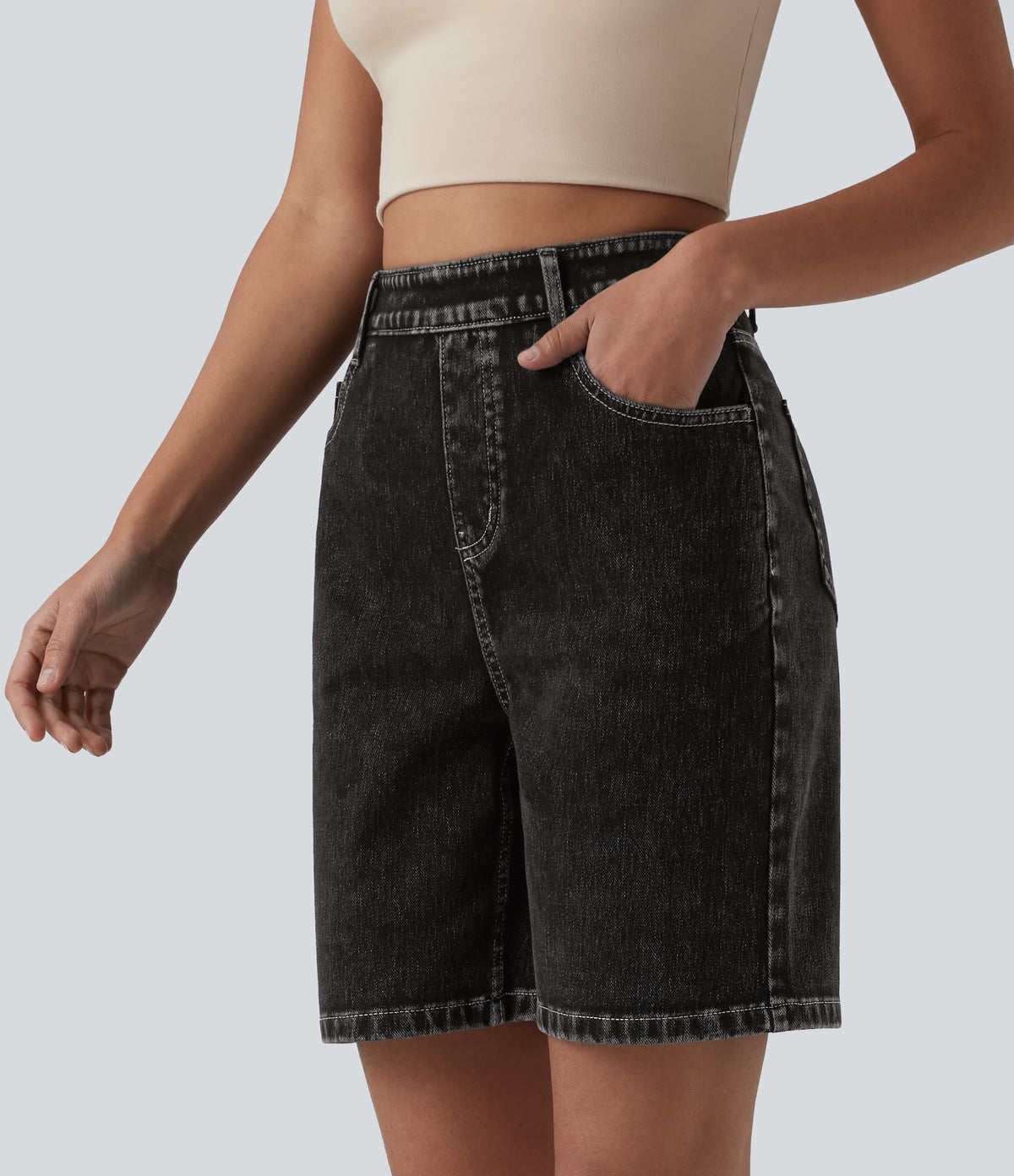 High Waisted Denim Casual Shorts 7'' with Pockets — Phantom Denim — view 3