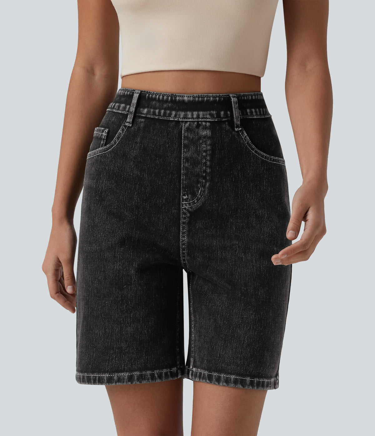 High Waisted Denim Casual Shorts 7'' with Pockets — Phantom Denim — view 1