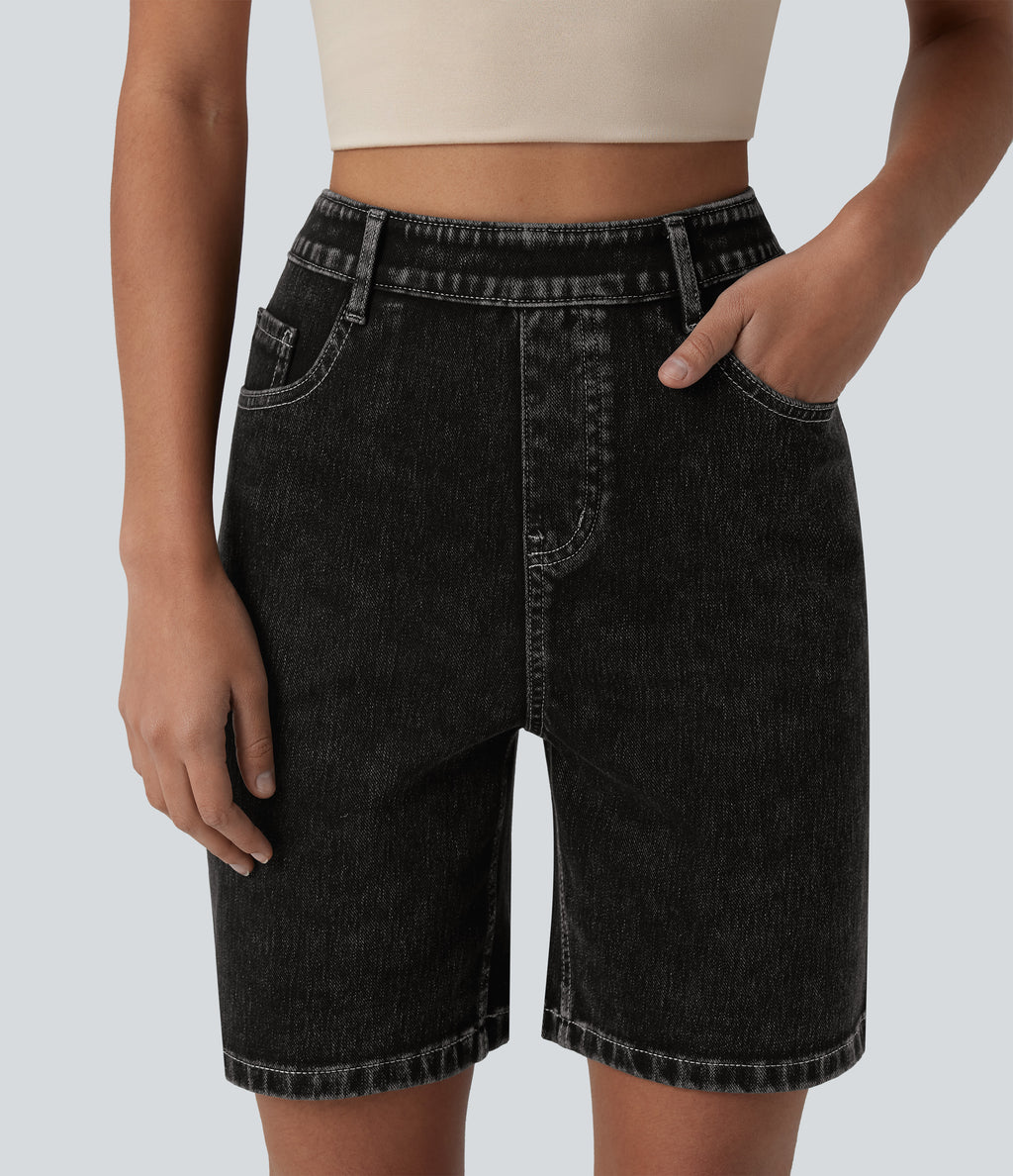 High Waisted Denim Casual Shorts 7'' with Pockets — Phantom Denim — view 4