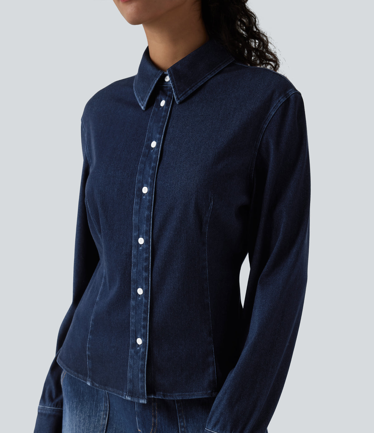 Long Sleeve Draped Lyocell Denim Casual Shirt — Pageant Blue Denim — view 4