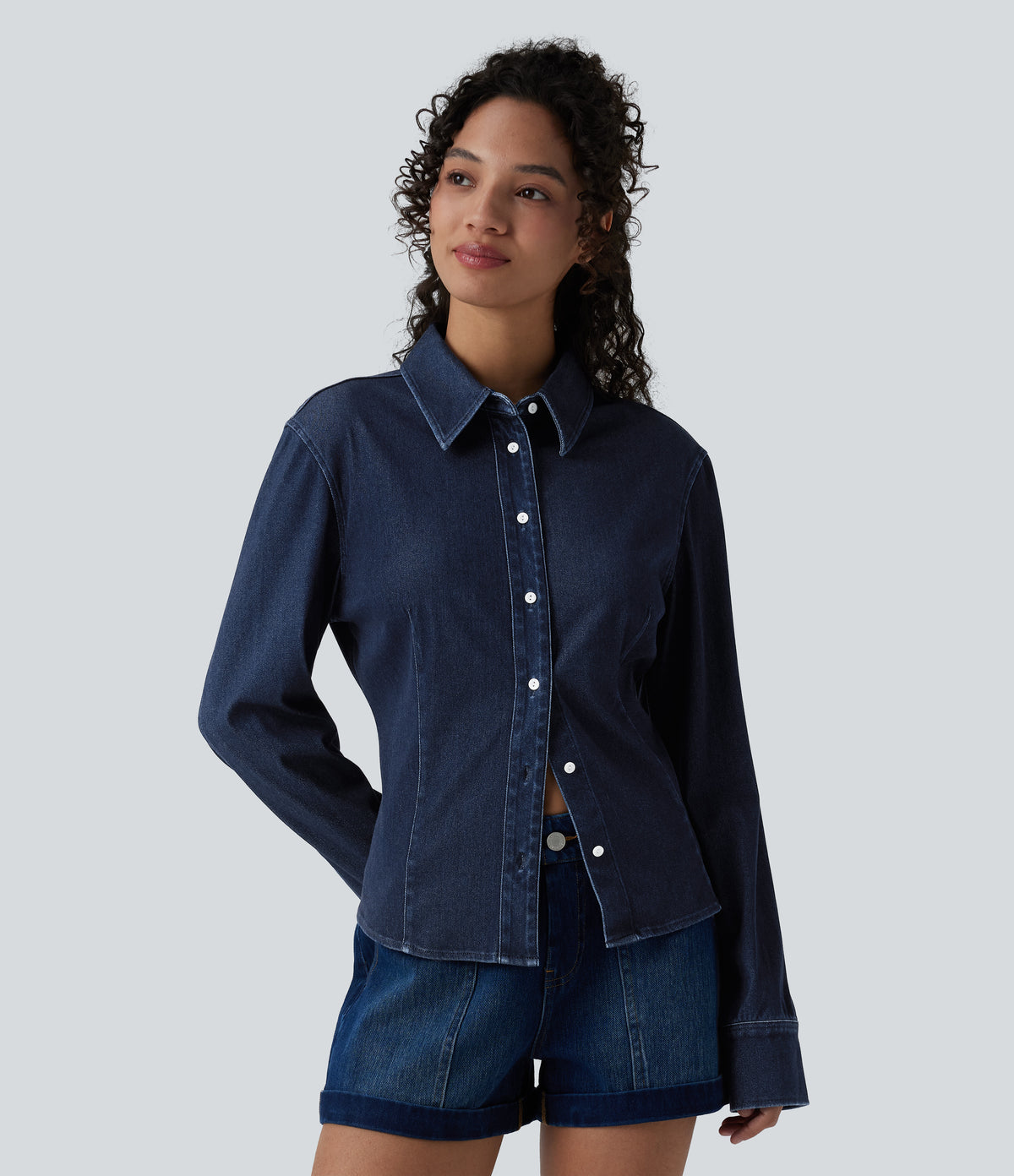 Long Sleeve Draped Lyocell Denim Casual Shirt — Pageant Blue Denim — view 1