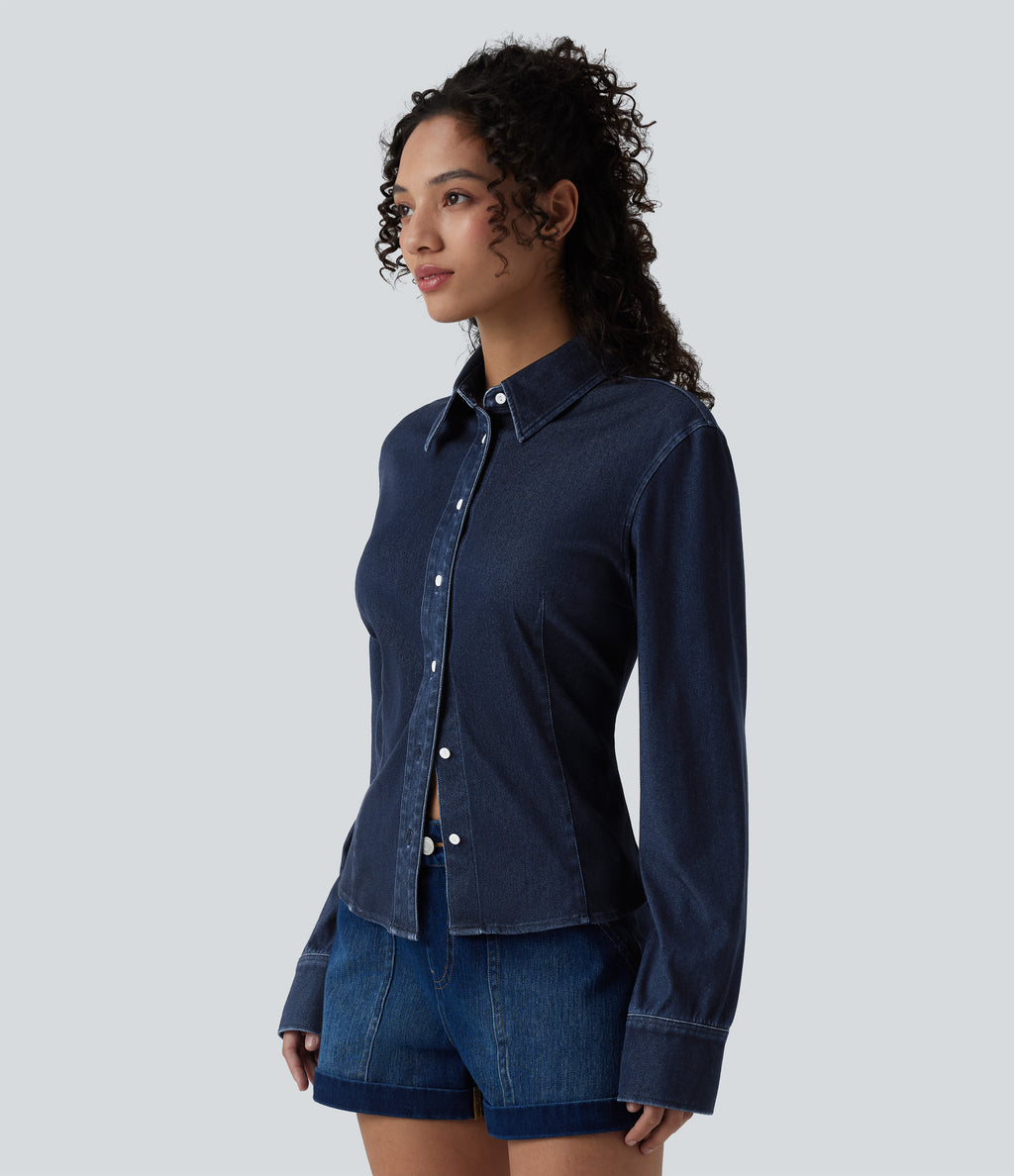Long Sleeve Draped Lyocell Denim Casual Shirt — Pageant Blue Denim — view 3