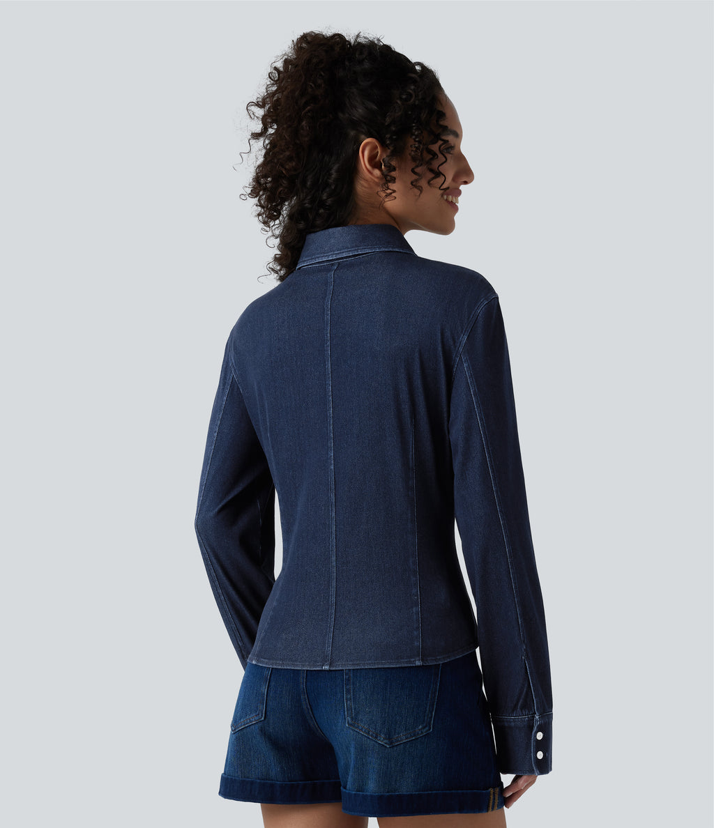 Long Sleeve Draped Lyocell Denim Casual Shirt — Pageant Blue Denim — view 2