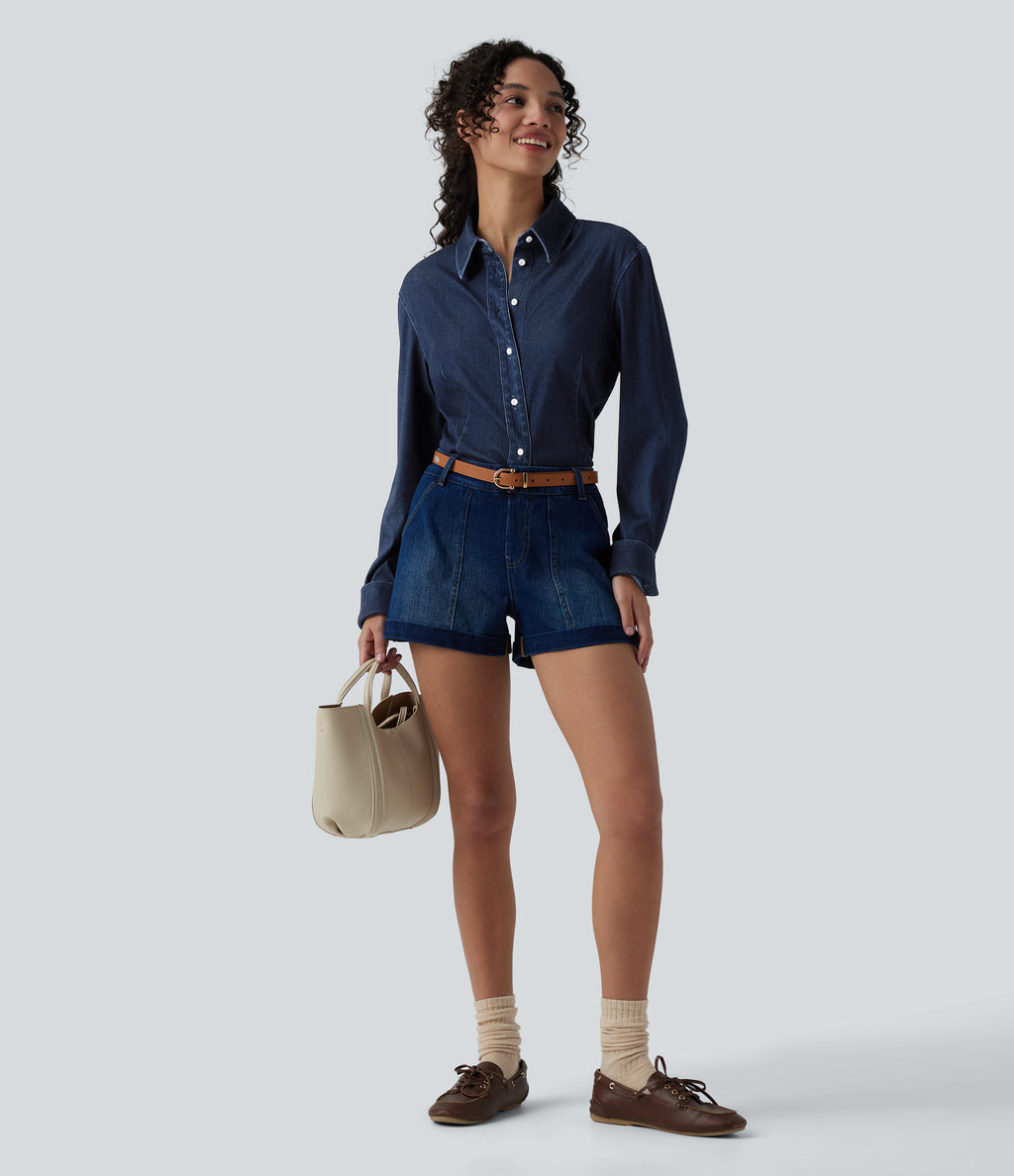 Long Sleeve Draped Lyocell Denim Casual Shirt — Pageant Blue Denim — view 6