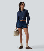 Long Sleeve Draped Lyocell Denim Casual Shirt — Pageant Blue Denim — view 6