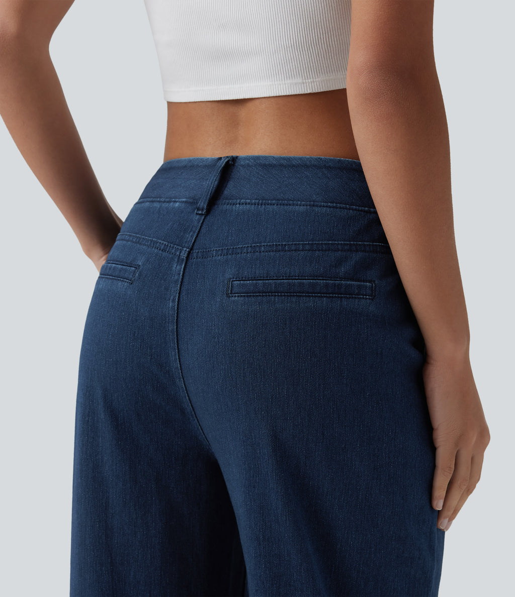 High Waisted Straight Leg Casual Jeans with Pockets — Pageant Blue Denim — view 5