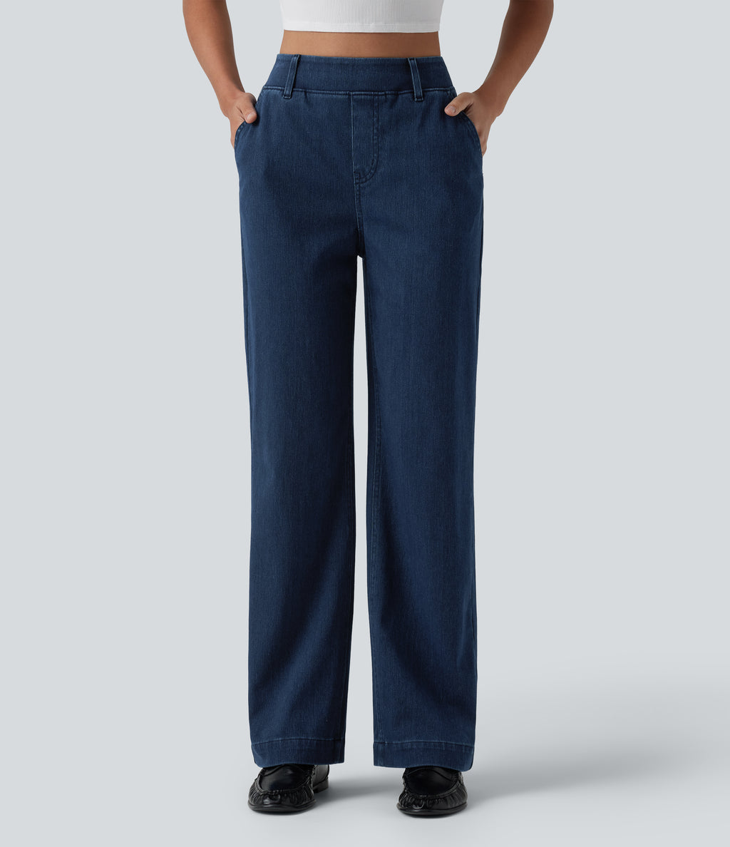High Waisted Straight Leg Casual Jeans with Pockets — Pageant Blue Denim — view 1