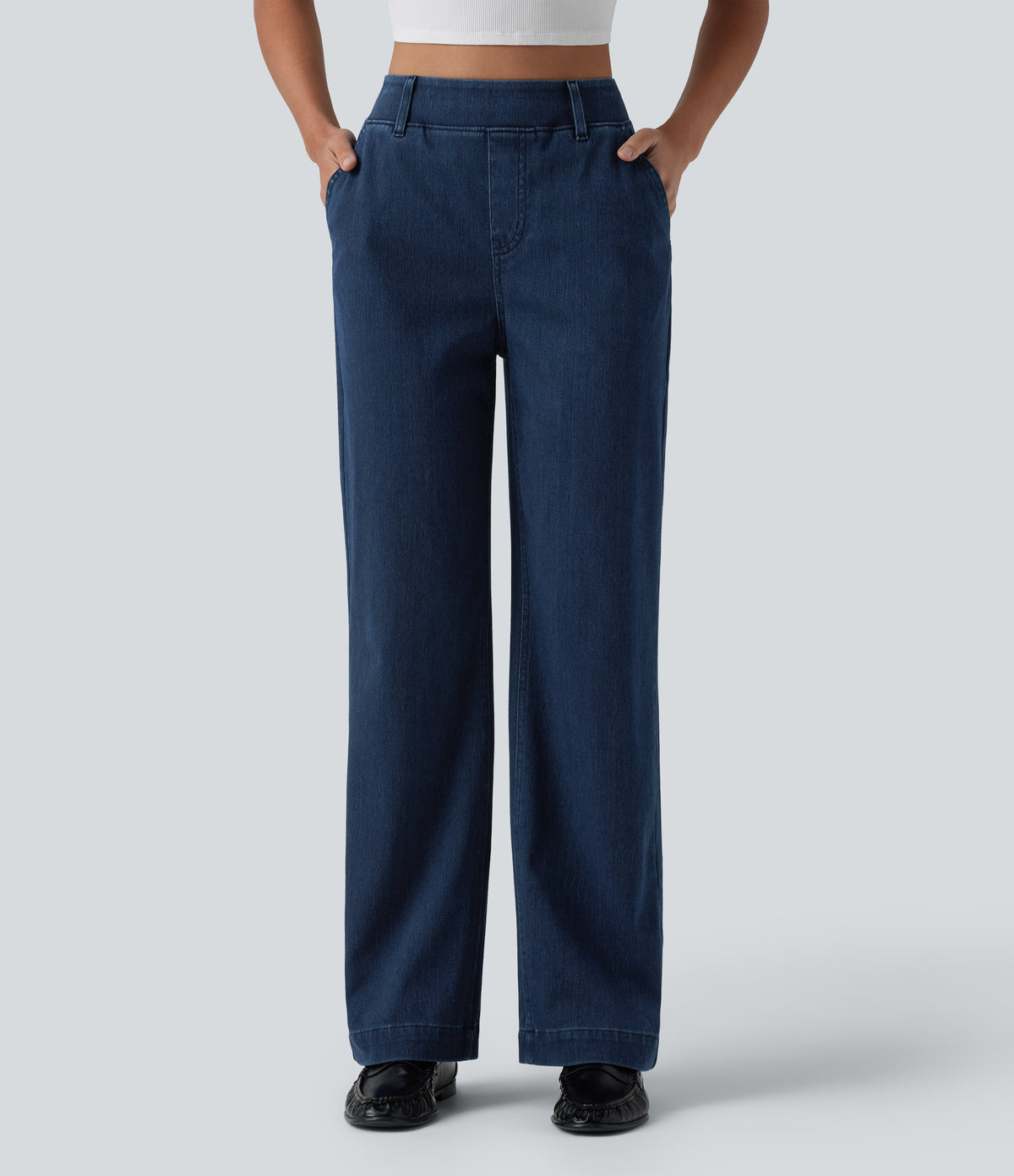 High Waisted Straight Leg Casual Jeans with Pockets — Pageant Blue Denim — view 1