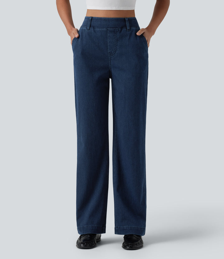High Waisted Straight Leg Casual Jeans with Pockets — Pageant Blue Denim — view 1