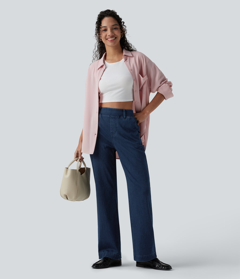 High Waisted Straight Leg Casual Jeans with Pockets — Pageant Blue Denim — view 6