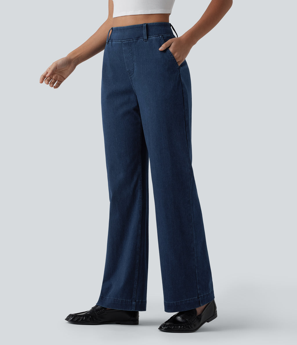 High Waisted Straight Leg Casual Jeans with Pockets — Pageant Blue Denim — view 3