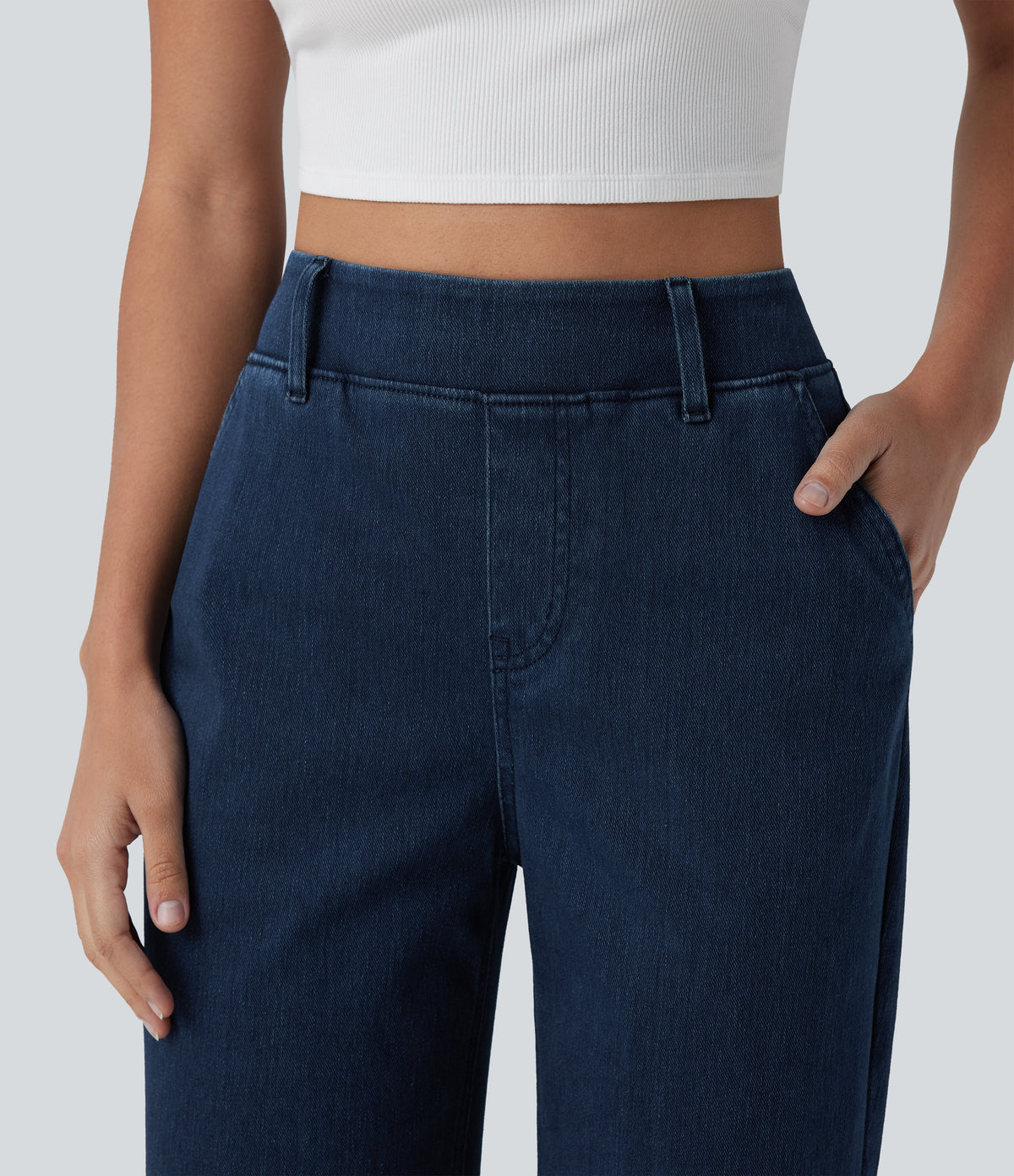 High Waisted Straight Leg Casual Jeans with Pockets — Pageant Blue Denim — view 4