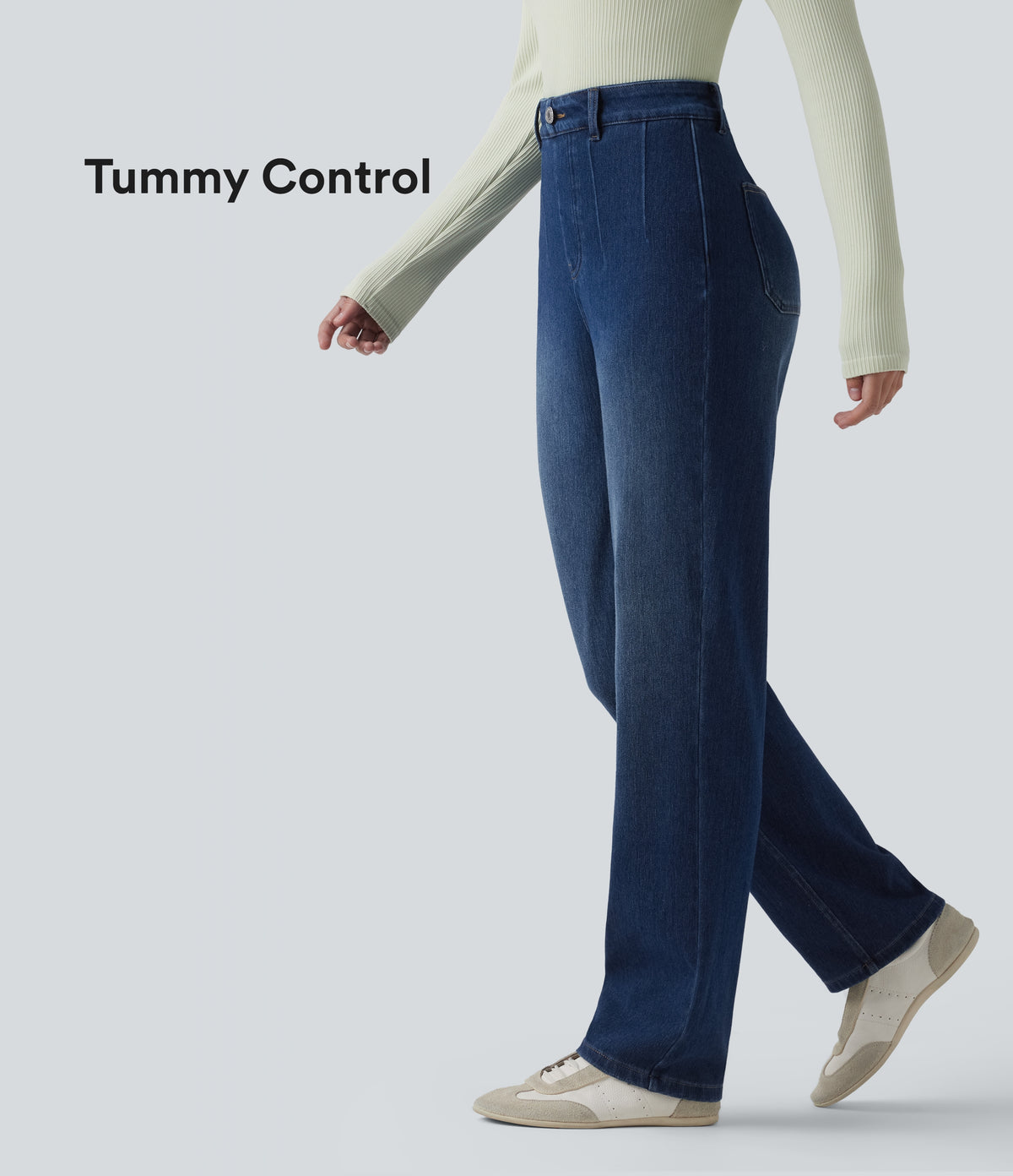 High Waisted Tummy Control Straight Leg Casual Jeans with Pockets — Estate Blue Denim — view 1