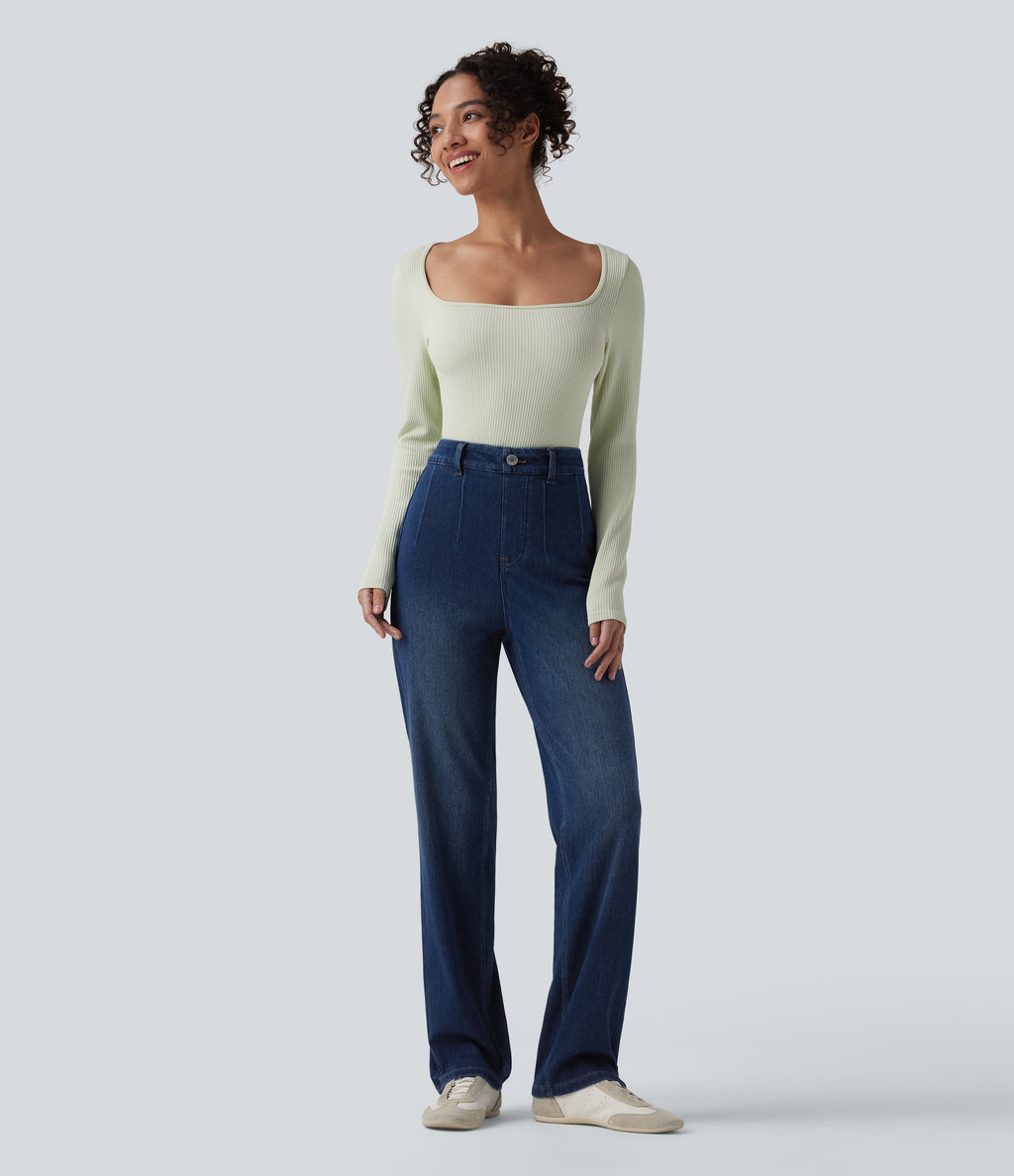 High Waisted Tummy Control Straight Leg Casual Jeans with Pockets — Estate Blue Denim — view 6