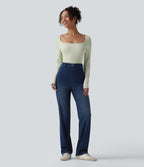 High Waisted Tummy Control Straight Leg Casual Jeans with Pockets — Estate Blue Denim — view 6