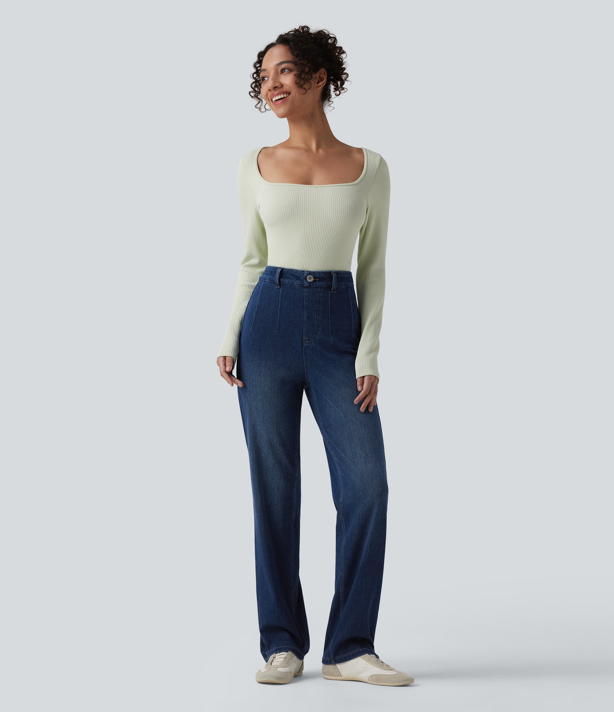 High Waisted Tummy Control Straight Leg Casual Jeans with Pockets — Estate Blue Denim — view 6