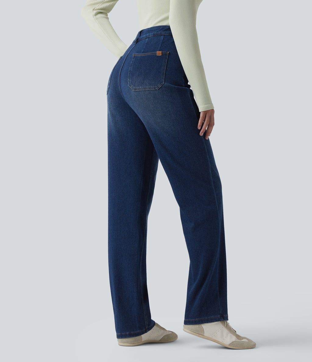 High Waisted Tummy Control Straight Leg Casual Jeans with Pockets — Estate Blue Denim — view 2