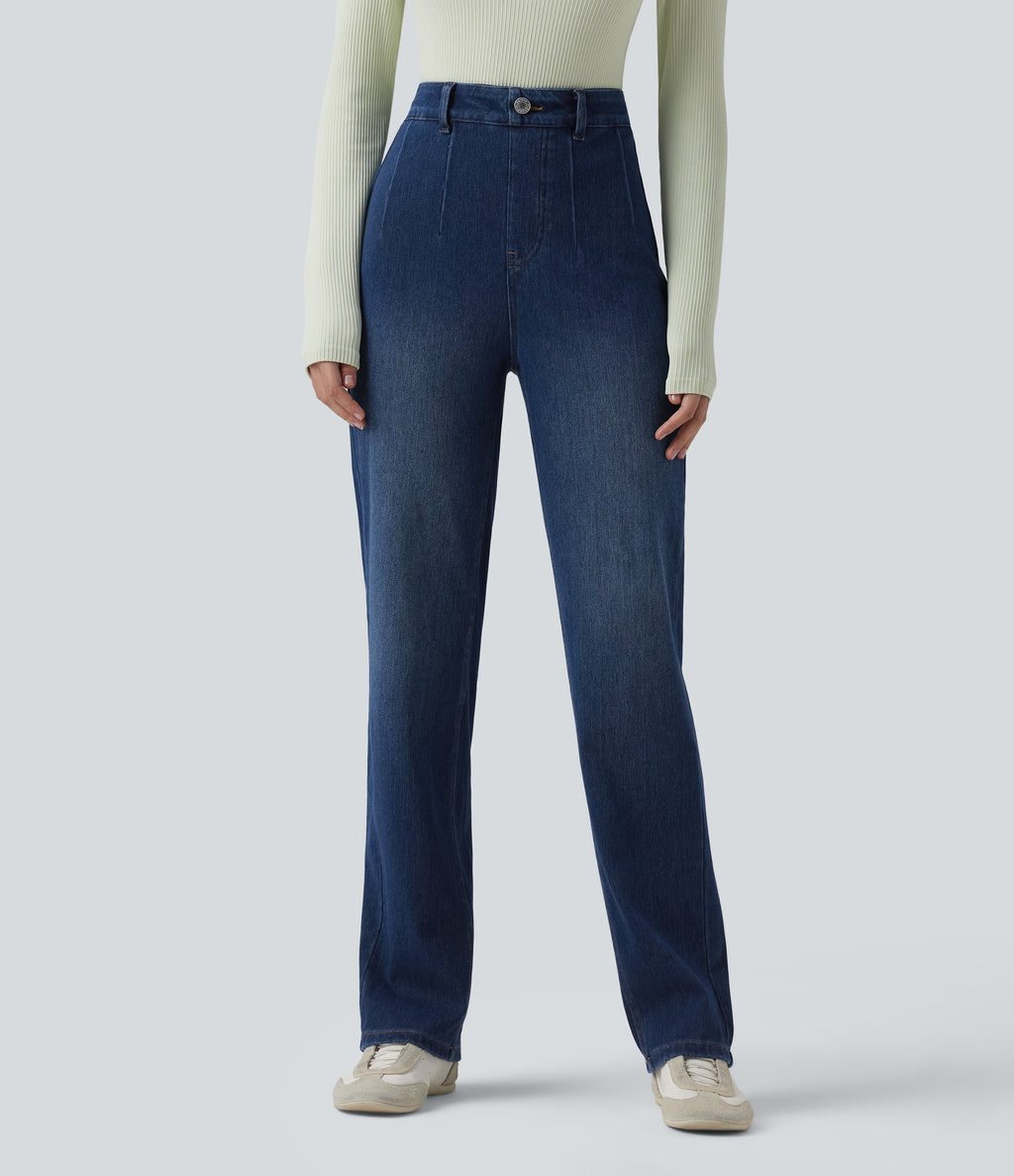High Waisted Tummy Control Straight Leg Casual Jeans with Pockets — Estate Blue Denim — view 3