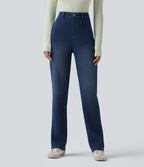High Waisted Tummy Control Straight Leg Casual Jeans with Pockets — Estate Blue Denim — view 3