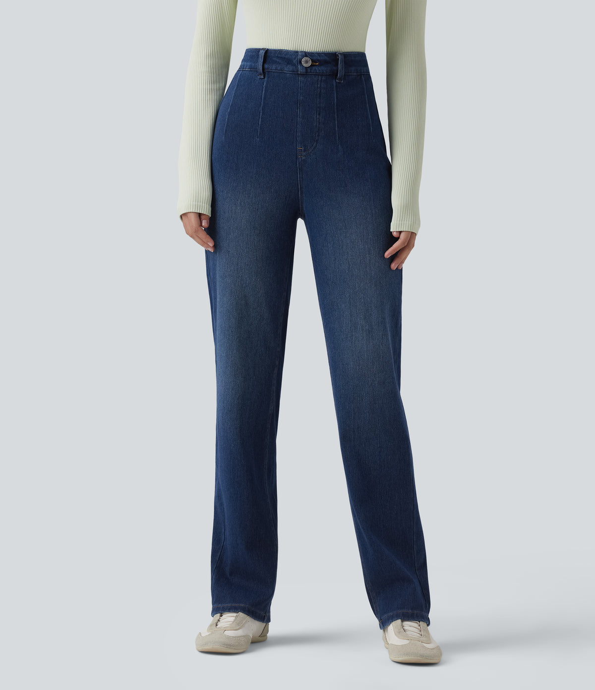 High Waisted Tummy Control Straight Leg Casual Jeans with Pockets — Estate Blue Denim — view 3