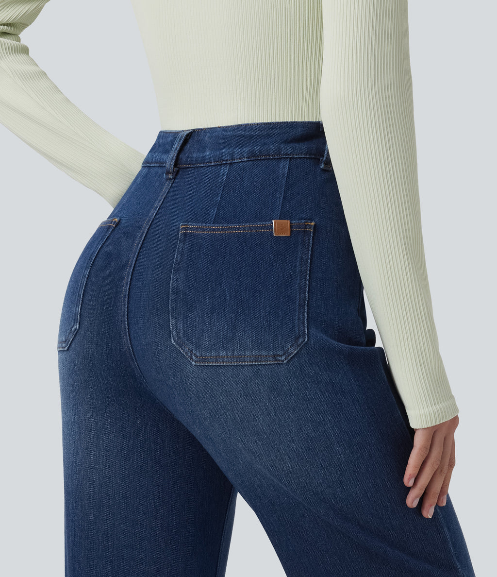High Waisted Tummy Control Straight Leg Casual Jeans with Pockets — Estate Blue Denim — view 4